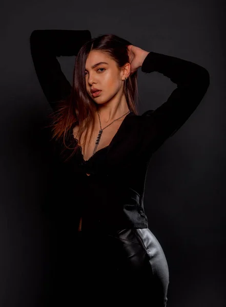 Portrait Beautiful Stylish Girl Wearing Black Leather Pants Black Jacket — Stock Photo, Image