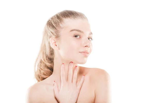 Beautiful Attractive Young Girl Fresh Skin Touching Her Neck — Stockfoto