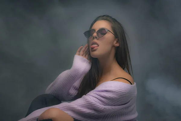 Attractive Beautiful Girl Posing Holding Her Posture While Having Steam — Stock Photo, Image