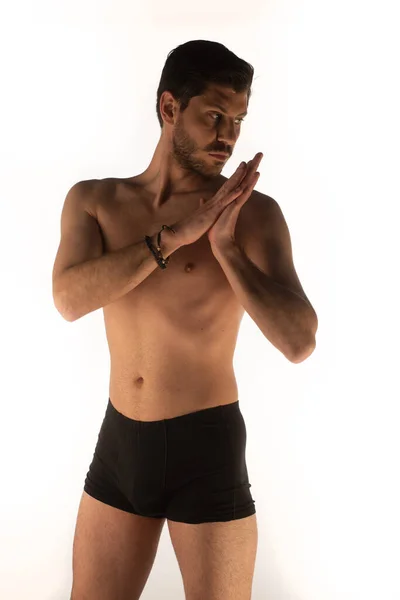 Handsome Man Underwear Making Sensual Poses Touching Himself Studio — Zdjęcie stockowe