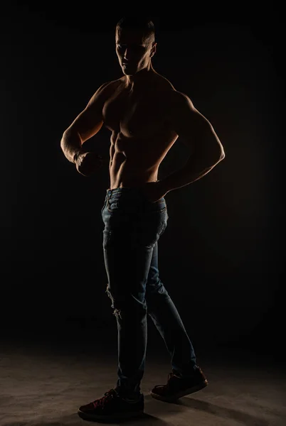 Silhouette Handsome Attractive Topless Guy Posing Flexing Studio While Twisting — Fotografia de Stock
