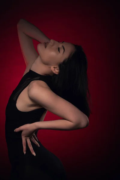 Seductive Attractive Girl Being Sexy Set While Posing Red Background — стоковое фото