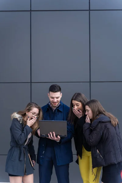 Group Young Business People Looking Lap Top Laughing — Stockfoto