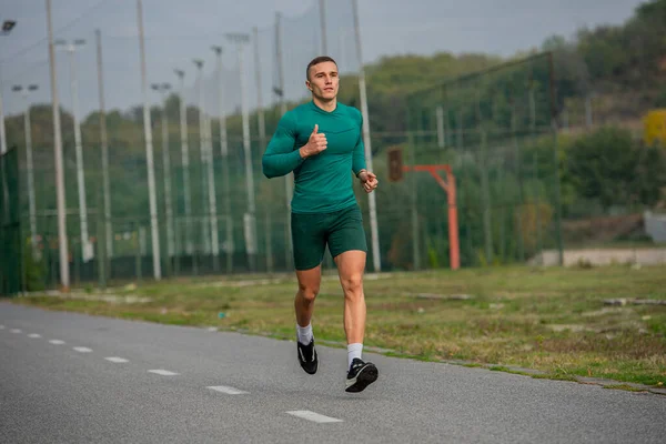 Attractive Handsome Strong Guy Running Track Morning — Stockfoto