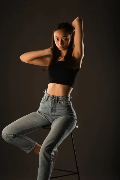 Perfect Portrait Beautiful Girl Posing High Chair Studio — Stockfoto
