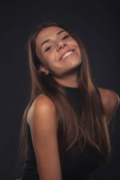 Portrait Attractive Beautiful Happy Girl Smiling Studio While Posing — Foto de Stock
