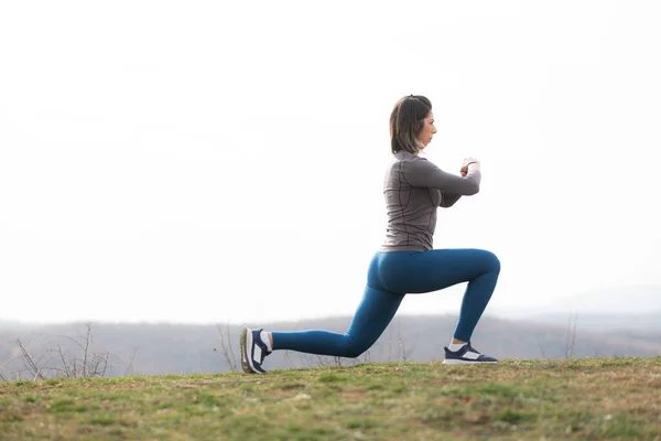 Amazing Active Woman Doing Some Side Squats Exercise Forest — Fotografia de Stock