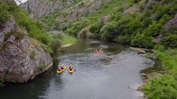 Group Friends Having Great Time Together While Kayaking Mountain River — Video Stock