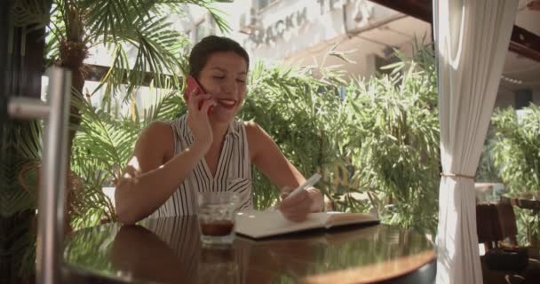 Business Woman Working Terrace Cafe Bar Daytime — Vídeos de Stock