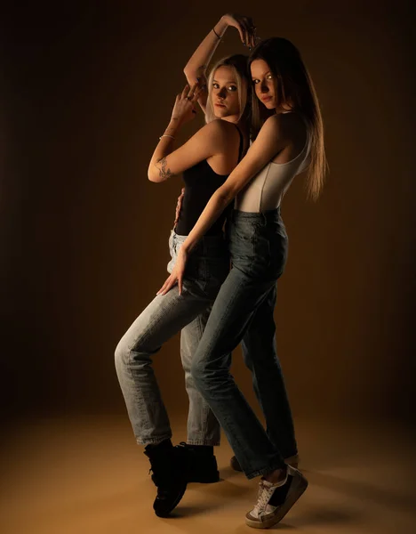 Two Amazing Attractive Girl Friends Posing Together Studio — Stock Fotó