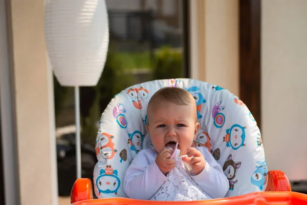 Adorable Sweet Little Baby Girl Sitting Alone Her Chair —  Fotos de Stock