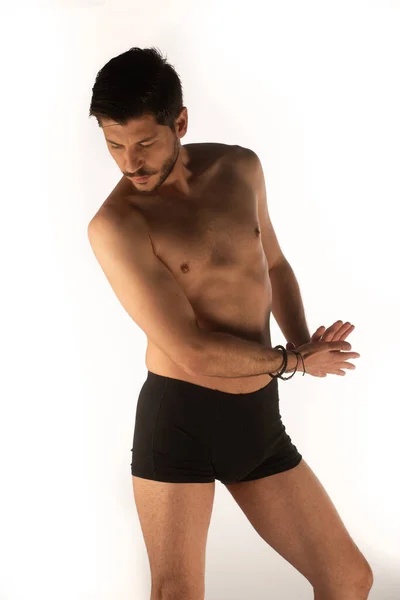 Handsome Man Underwear Making Sensual Poses Touching Himself Studio — Stock Fotó