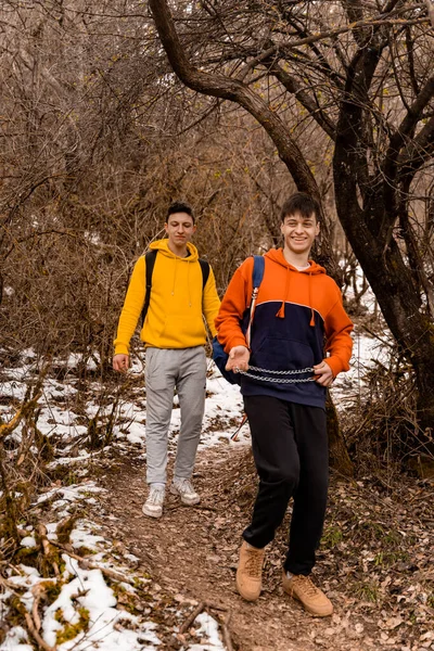 Attractive Handsome Male Friends Walking Smiling While Enjoying Time — Stock Photo, Image