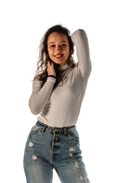 Portrait Attractive Trendy Girl White Blouse Blue Jeans — Fotografia de Stock