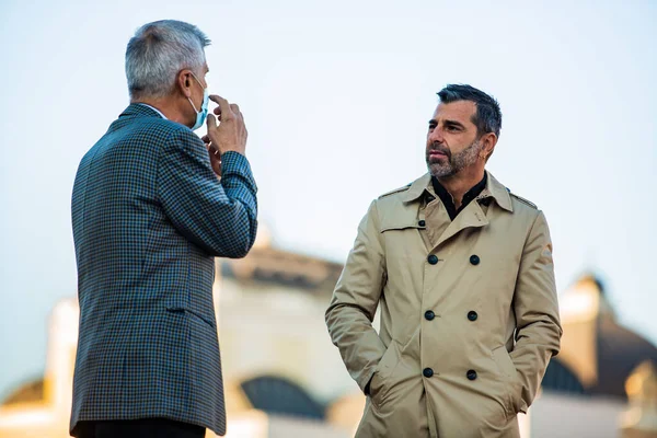 Two Amazing Senior Businessmen Having Conversation Mask Close — Stok fotoğraf