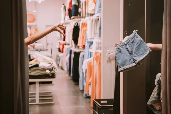 Two Girls Changeing Room One Them Showing Shorts Other One — Stockfoto