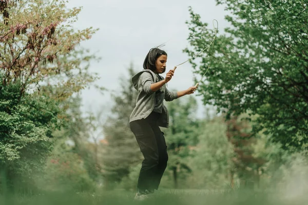 Amazing Sport Girl Jumping Rope Park Grass — Stock fotografie