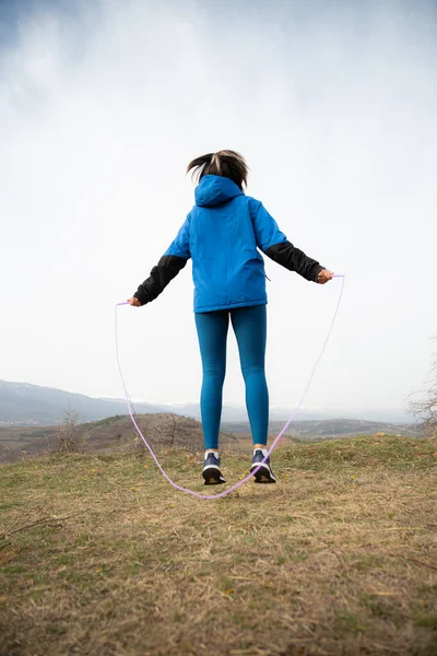 Amazing Active Woman Doing Jumping Rope Exercise Training While Warming — Stock Photo, Image