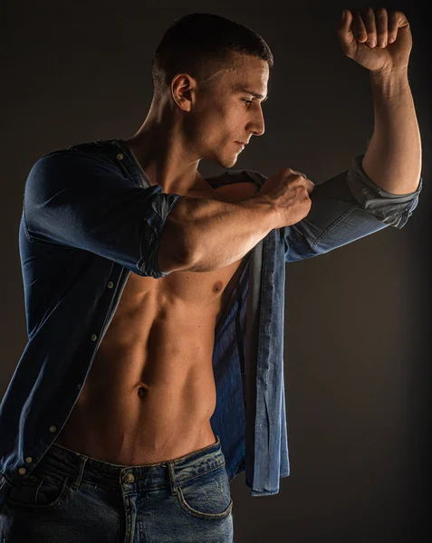 Attractive Handsome Guy Posing Fixing His Shirt Close — Foto Stock