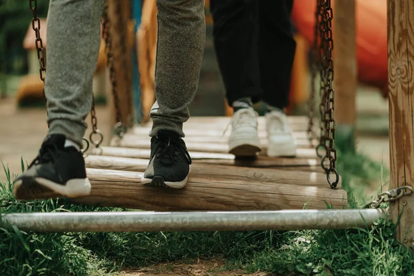 Close People Walking Wooden Stairs Park — Stockfoto