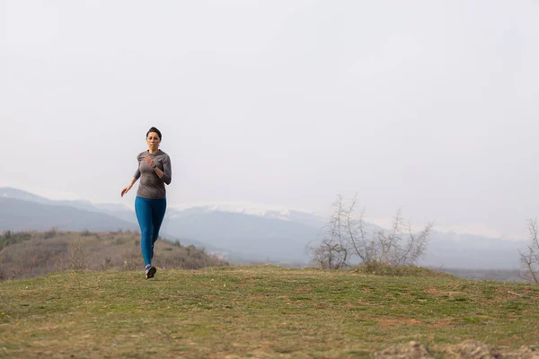 Amazing Active Woman Running Warm Training Forest Whiel Focusing — Stockfoto