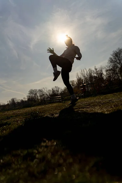 Amazing Attractive Fit Girl Exercising Kickbox Silhouette Low Angle Sunlight — ストック写真