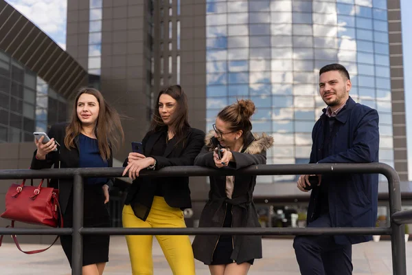 Group Young Business People Looking Distance Smiling Together — Stok fotoğraf