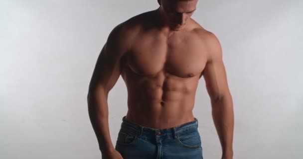 Half Naked Man Well Build Body Standing Turning Isolated Studio — Stok video