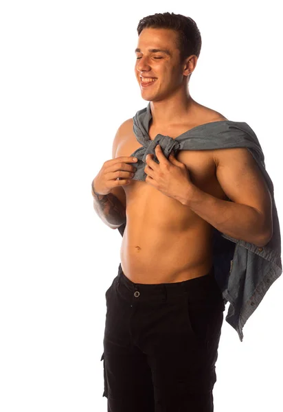Modelo Muscular Esportes Jovem Fundo Escuro Homem Atlético Com Abdominais — Fotografia de Stock