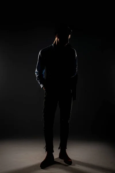 Tall Handsome Male Posing Studio Dimmed Lights — Stok fotoğraf