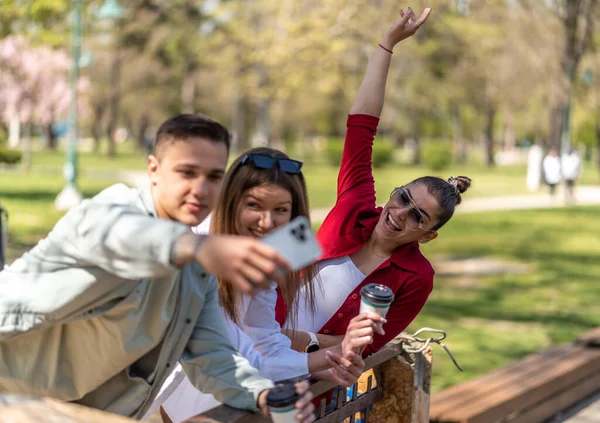 Tres Jóvenes Divirtiéndose Tomando Selfie Grupo Amigos Disfrutando Día Aire — Foto de Stock