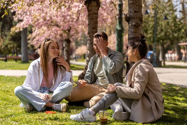 大学のキャンパスで楽しむカジュアルな服装の若い魅力的な笑顔の学生のグループ — ストック写真