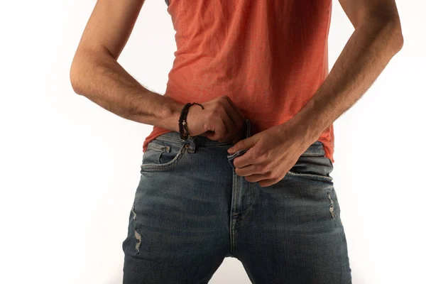 Gay Adult Making Seductive Poses Touching Graping Himself Photoshoot Studio — Stockfoto