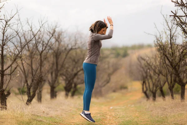 Middle Age Woman Jumping Nature — Stock Photo, Image