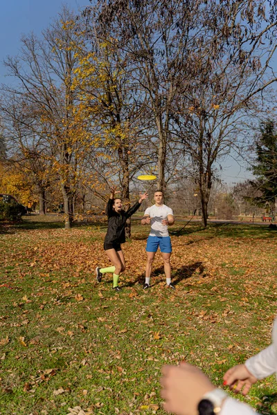 stock image Three attractive and amazing fit friends are playing frisbee and having fun