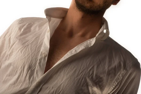 Handsome Man Undoing His Shirt Photoshoot Studio —  Fotos de Stock