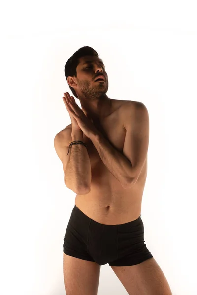 Attractive Sexy Man Studio Making Seductive Poses Touching Himself — Fotografia de Stock
