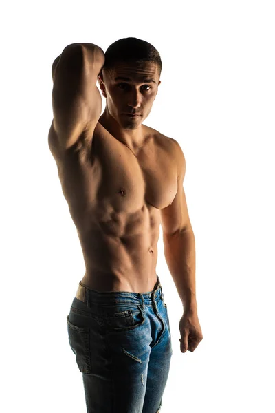Handsome Attractive Guy Posing Flexing Studio White Background — Stock Photo, Image