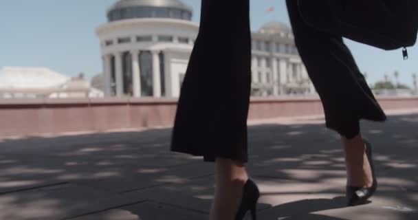 バッグを持って晴れた夏の日に街の金融街を歩くビジネス女性は スローモーション — ストック動画