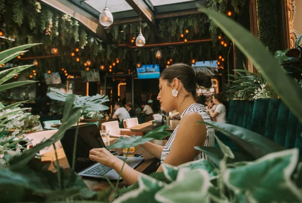 아름다운 사업가 카페에 소파에 노트북으로 일하고 있습니다 — 스톡 사진