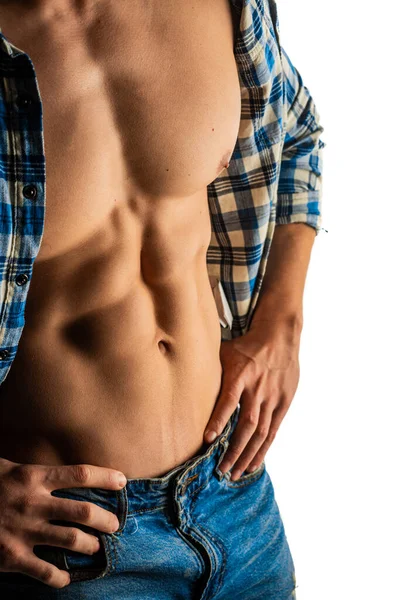 Increíble Foto Cerca Fuerte Abdominales Masculinos Músculos Mientras Está Posando — Foto de Stock