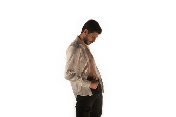 Handsome Adult Man Trying Pose Look Good Crumpled Jacket Photoshoot — Fotografia de Stock