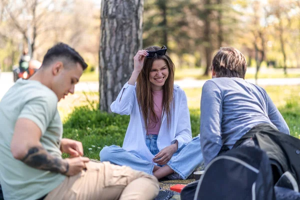 Equipe Jovens Estudantes Conversando Parque Universidade Escola Aprendizagem Feliz Trabalho — Fotografia de Stock