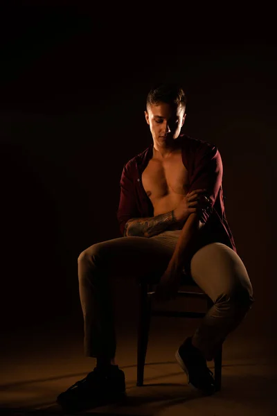 Handsome Stylish Man Posing While Sitting Studio — Stock Photo, Image