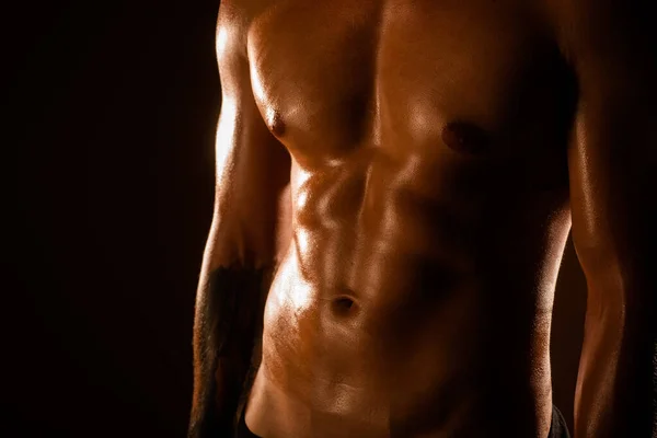 Close Handsome Man Abs Oil Studio — Stock Photo, Image