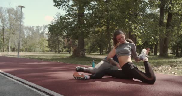 Jeune Couple Étirant Avant Exercice Dans Parc Scène Coucher Soleil — Video