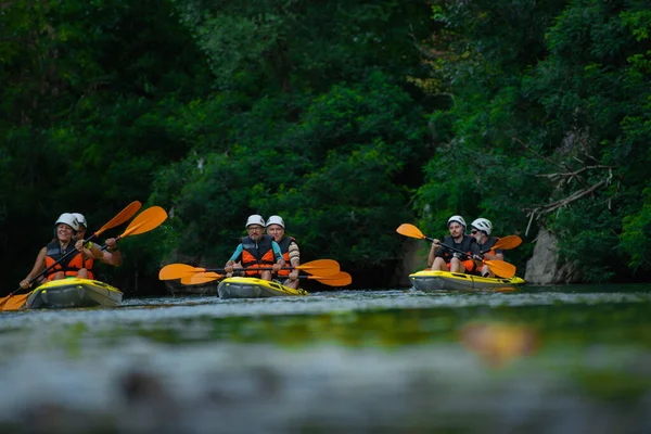 Three Pairs Senior Friends Kayakers Canoeing Together Forest River While — Stock Photo, Image