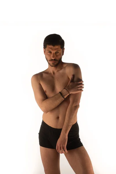 Homme Attrayant Sexy Studio Faisant Des Poses Séduisantes Touchant — Photo