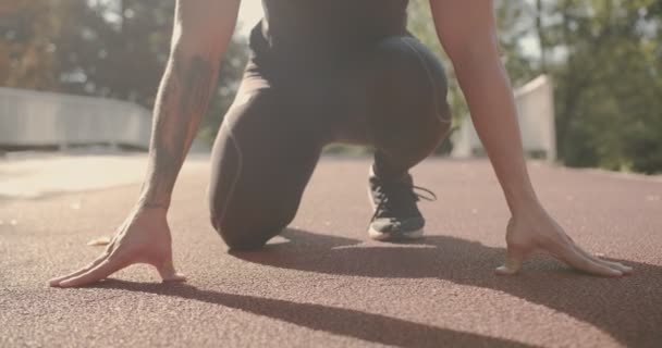 Man Preparing Run Warming Autumnal Park — Stock Video