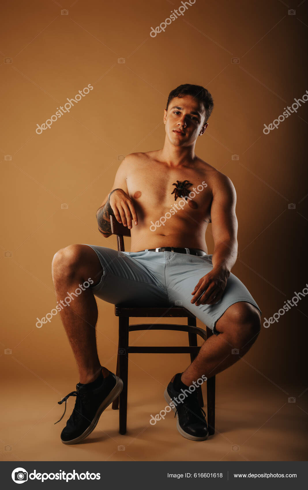 Handsome Man Tarantula His Chest Sitting Studio Stock Photo by ©gorgev  616601618